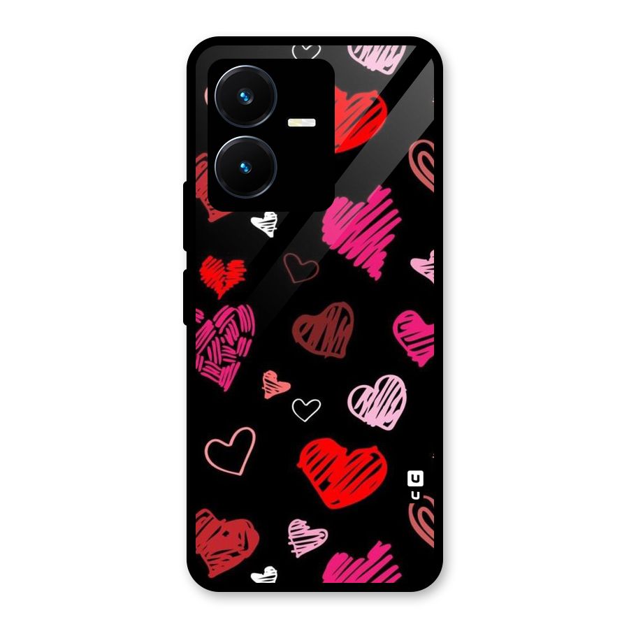 Hearts Art Pattern Glass Back Case for Vivo Y22s
