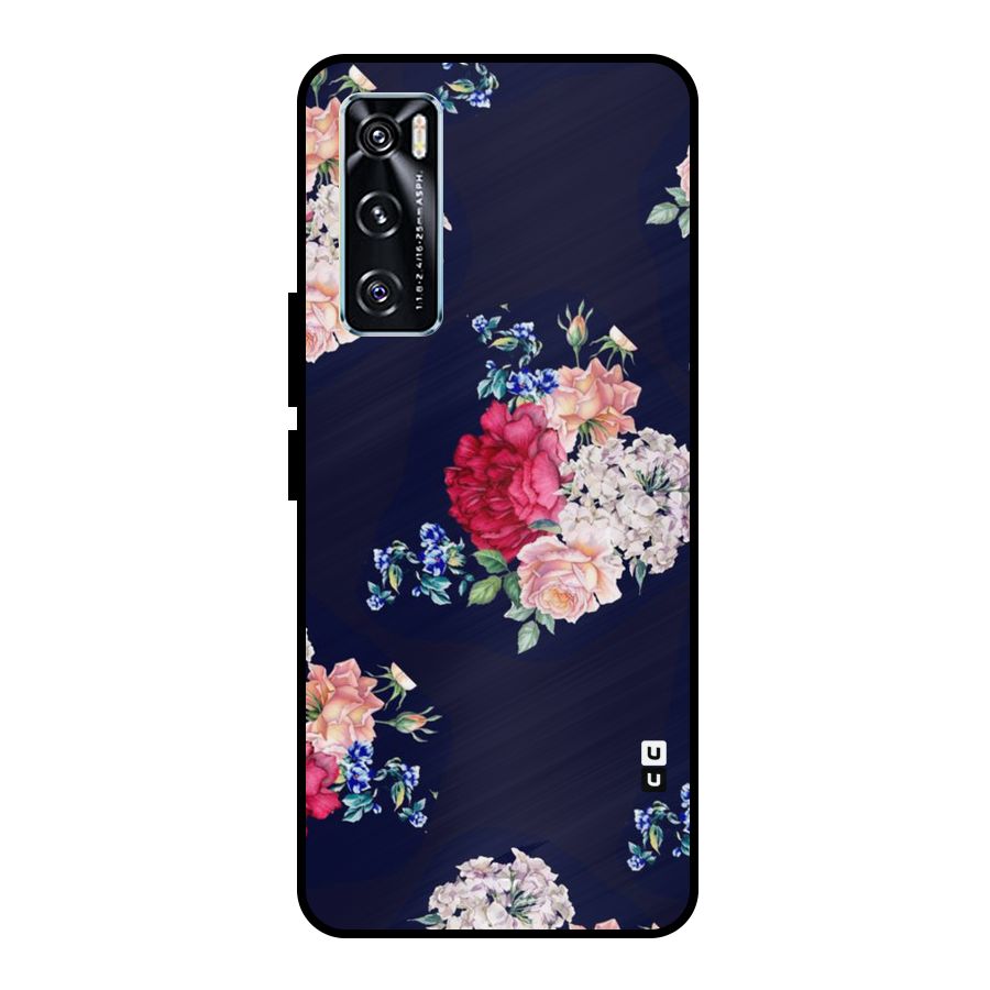Magenta Peach Floral Metal Back Case for Vivo V20 SE