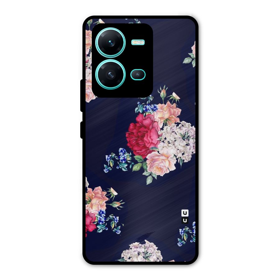 Magenta Peach Floral Metal Back Case for Vivo V25