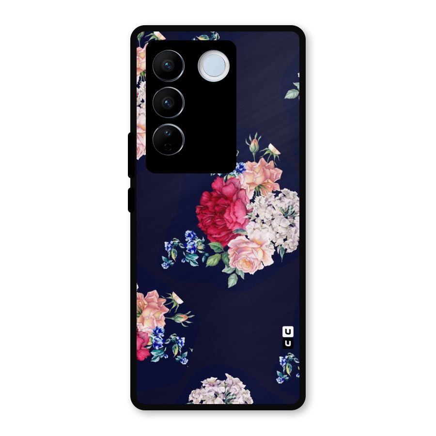 Magenta Peach Floral Metal Back Case for Vivo V27