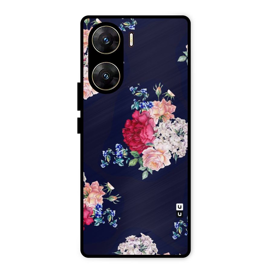 Magenta Peach Floral Metal Back Case for Vivo V29e