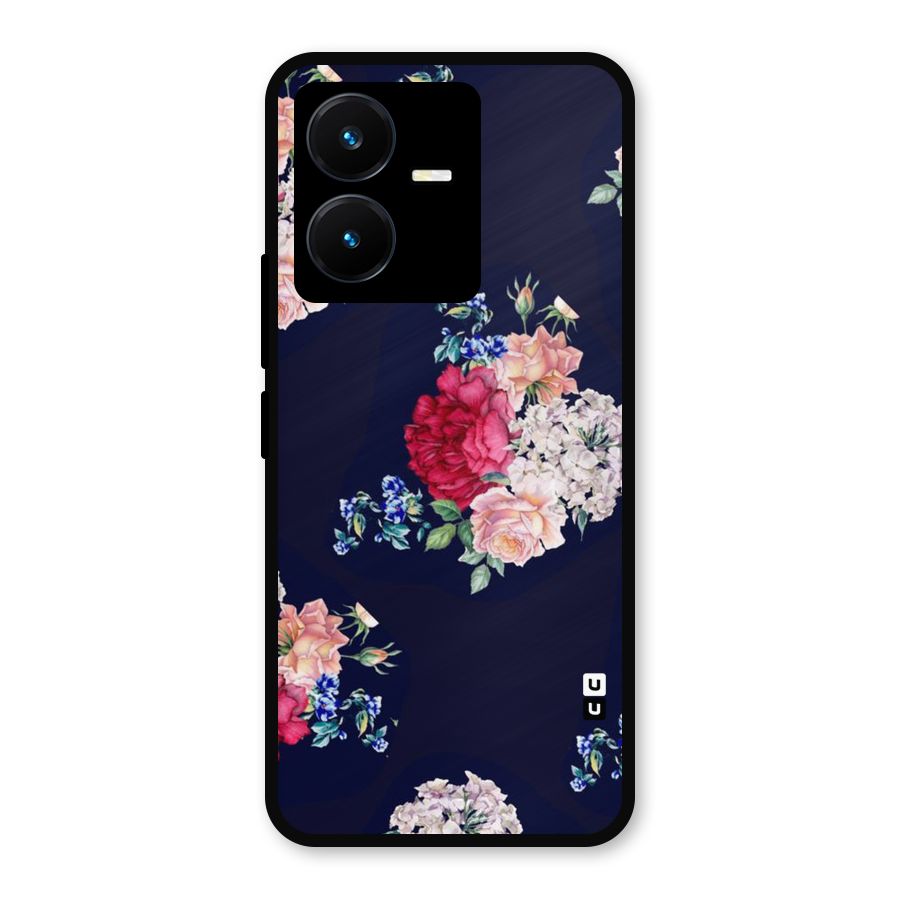 Magenta Peach Floral Metal Back Case for Vivo Y22s