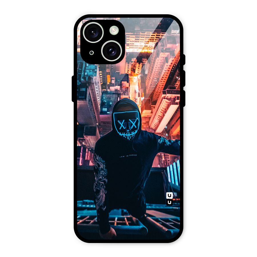 Mask Guy Climbing Building Glass Back Case for iPhone 15 Plus