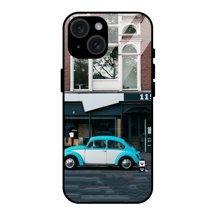 Mini Blue Car Glass Back Case for iPhone 15
