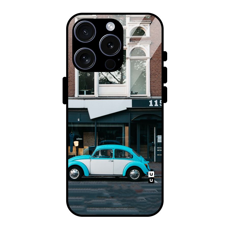 Mini Blue Car Glass Back Case for iPhone 15 Pro