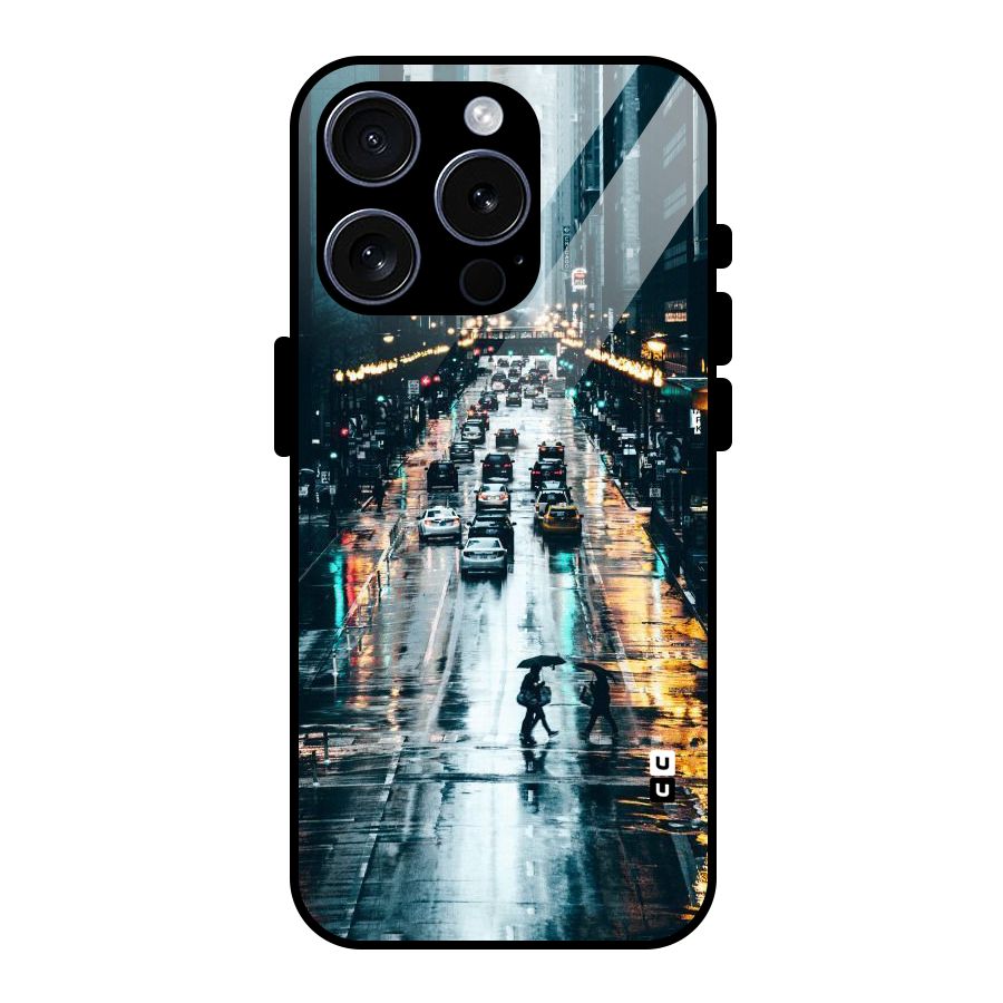NY Streets Rainy Glass Back Case for iPhone 15 Pro