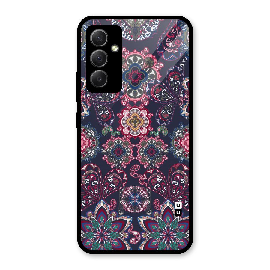 Navy Blue Bloom Pattern Glass Back Case for Galaxy A34