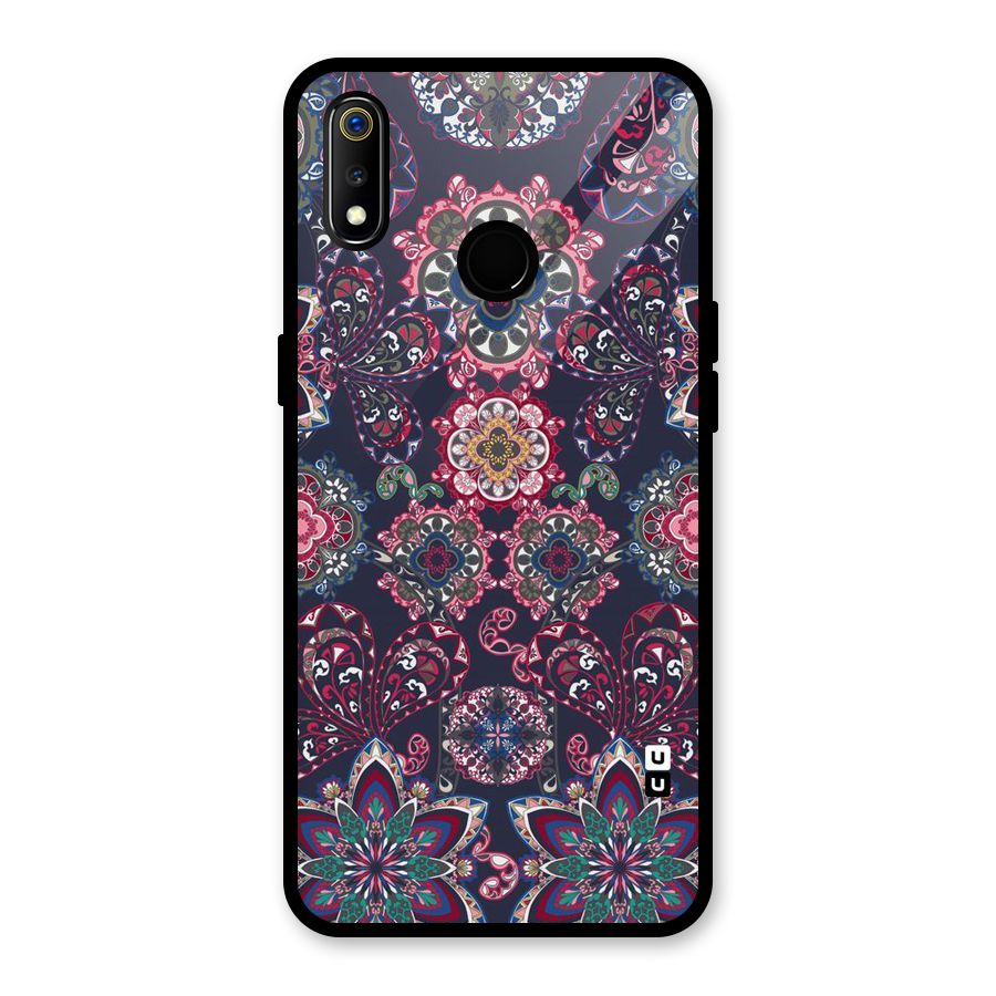 Navy Blue Bloom Pattern Glass Back Case for Realme 3i