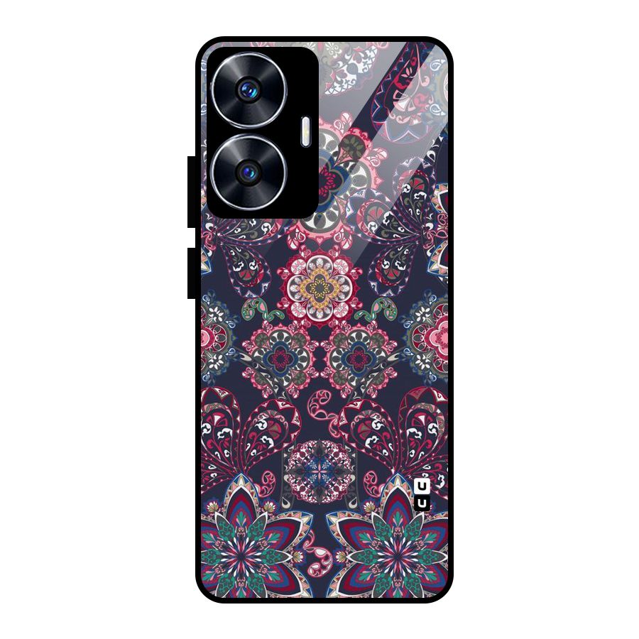 Navy Blue Bloom Pattern Glass Back Case for Realme Narzo N55