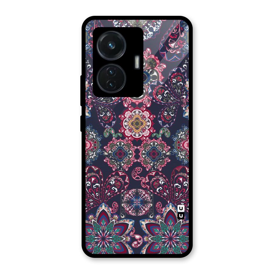 Navy Blue Bloom Pattern Glass Back Case for Vivo T1 44W