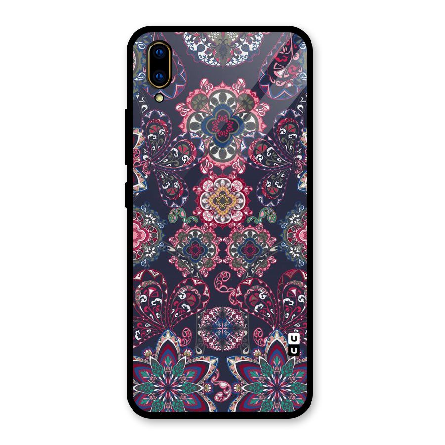 Navy Blue Bloom Pattern Glass Back Case for Vivo V11 Pro