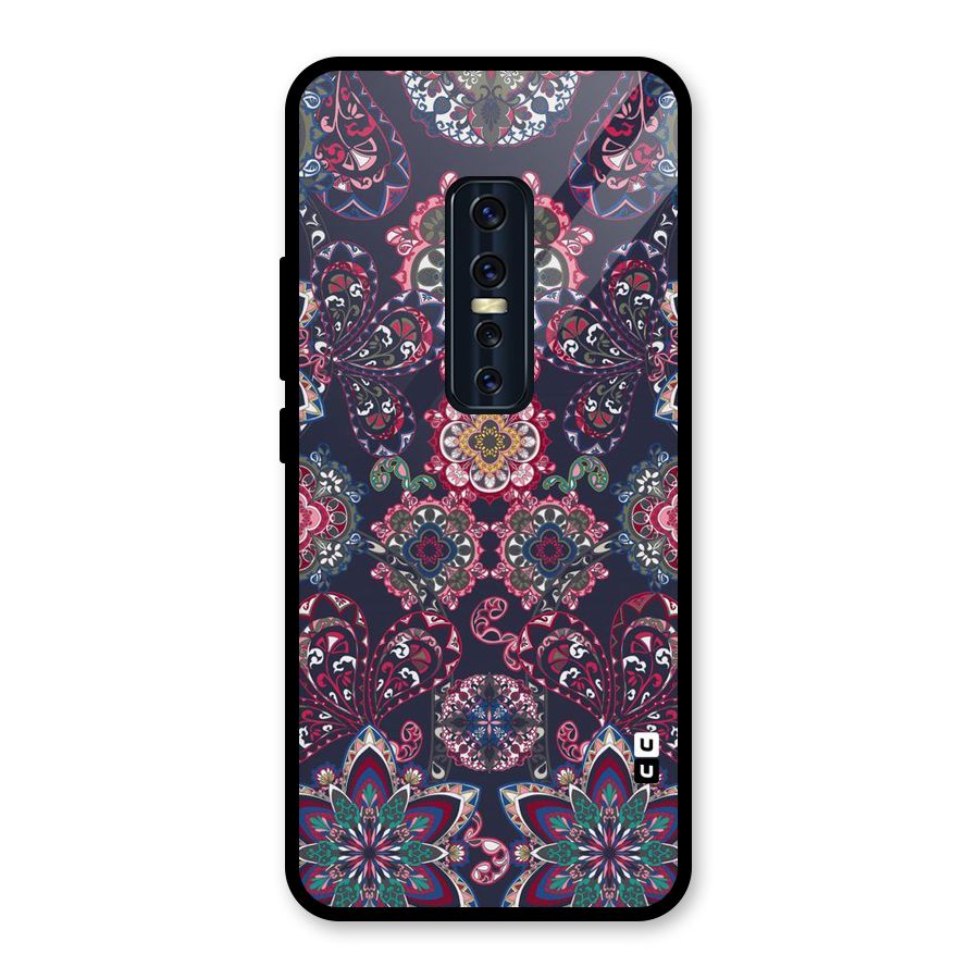 Navy Blue Bloom Pattern Glass Back Case for Vivo V17 Pro
