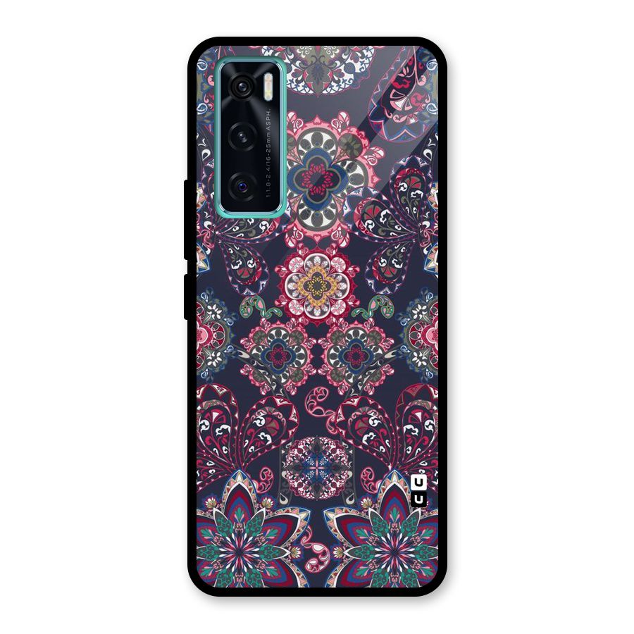 Navy Blue Bloom Pattern Glass Back Case for Vivo V20 SE