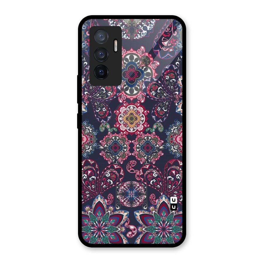 Navy Blue Bloom Pattern Glass Back Case for Vivo V23e