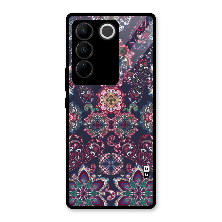 Navy Blue Bloom Pattern Glass Back Case for Vivo V27