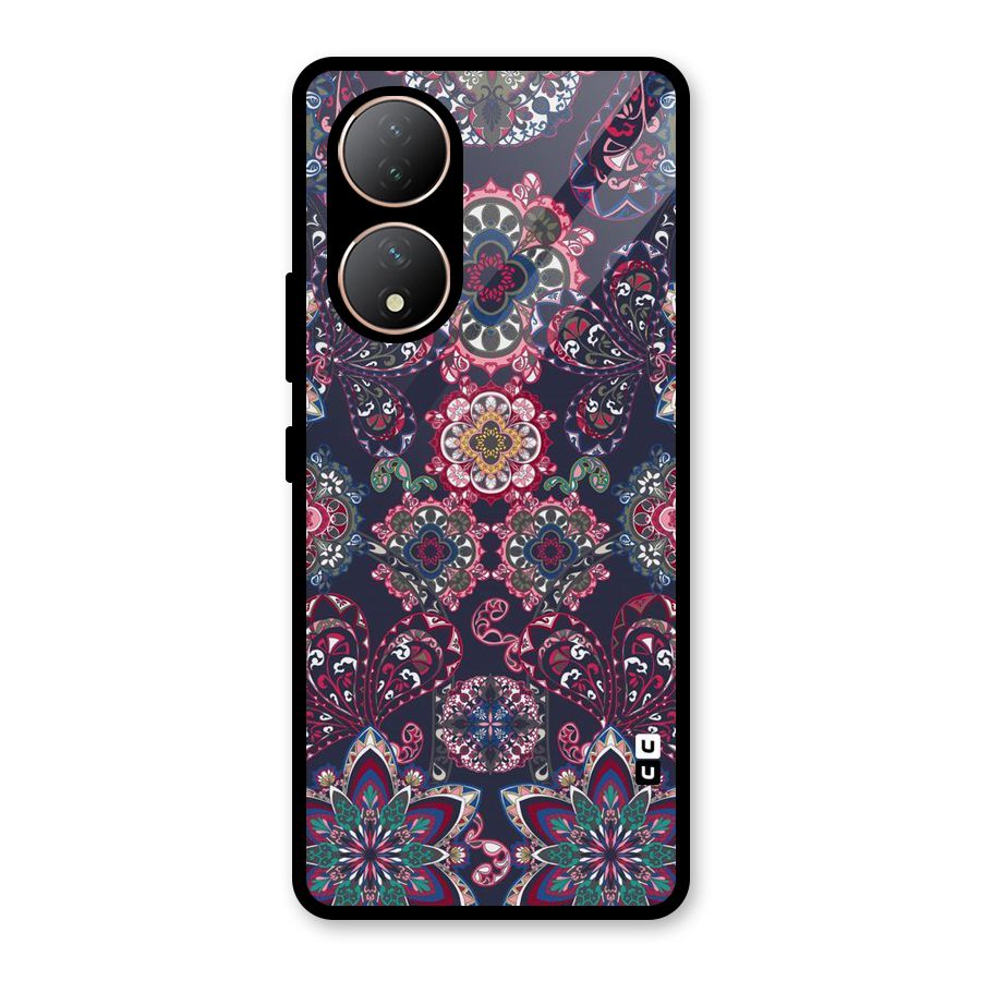 Navy Blue Bloom Pattern Glass Back Case for Vivo Y100A