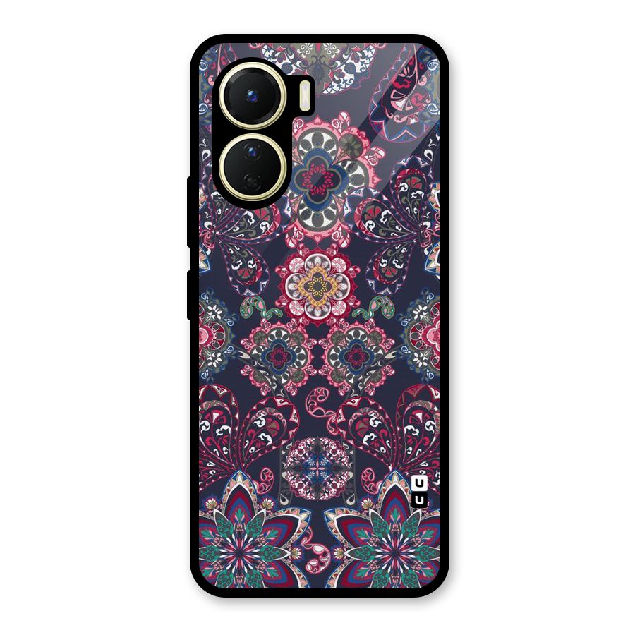 Navy Blue Bloom Pattern Glass Back Case for Vivo Y56