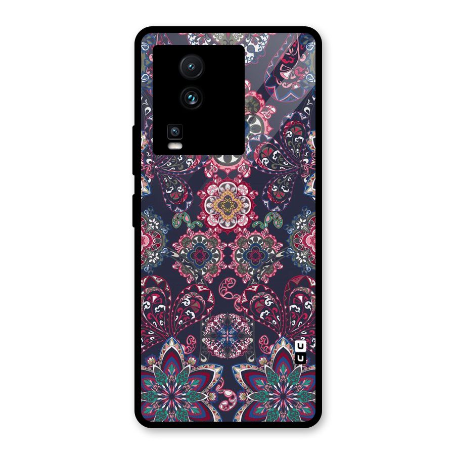 Navy Blue Bloom Pattern Glass Back Case for Vivo iQOO Neo 7 Pro