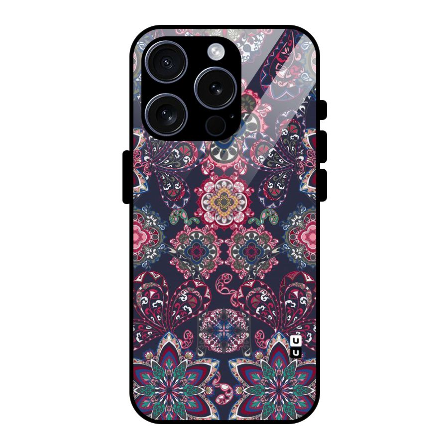Navy Blue Bloom Pattern Glass Back Case for iPhone 15 Pro