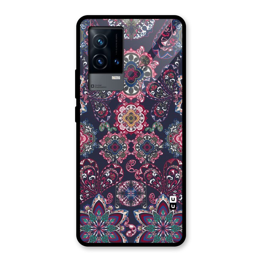 Navy Blue Bloom Pattern Glass Back Case for iQOO 9 5G