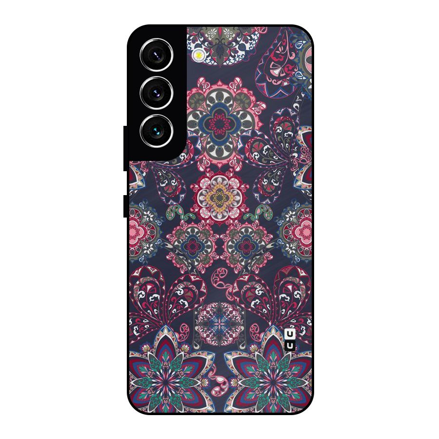 Navy Blue Bloom Pattern Metal Back Case for Galaxy S22 5G