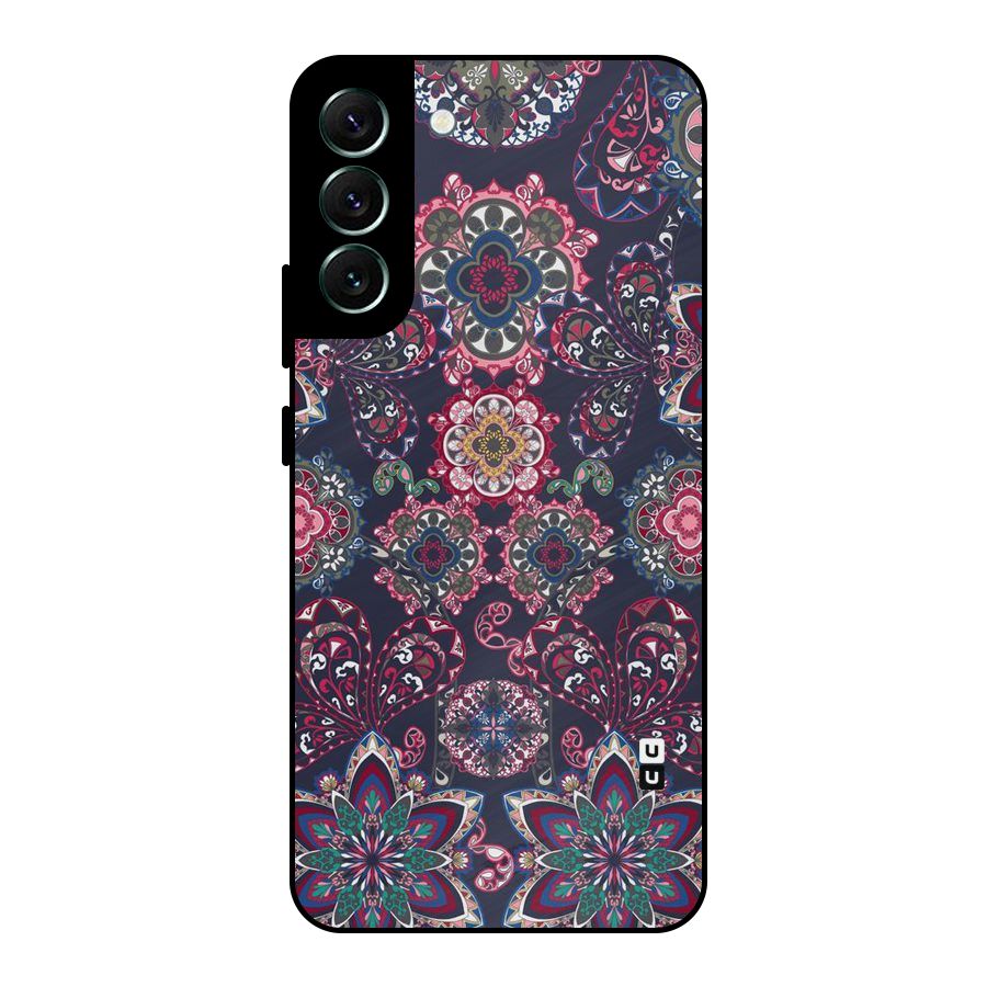 Navy Blue Bloom Pattern Metal Back Case for Galaxy S22 Plus 5G