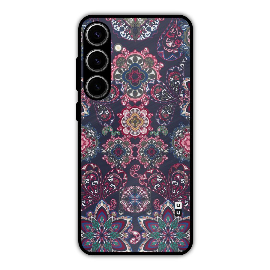Navy Blue Bloom Pattern Metal Back Case for Galaxy S24 Plus