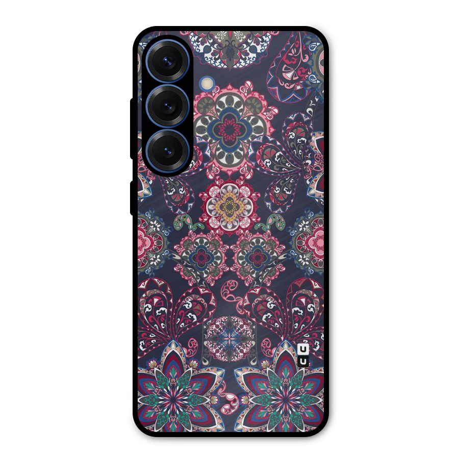Navy Blue Bloom Pattern Metal Back Case for Galaxy S25