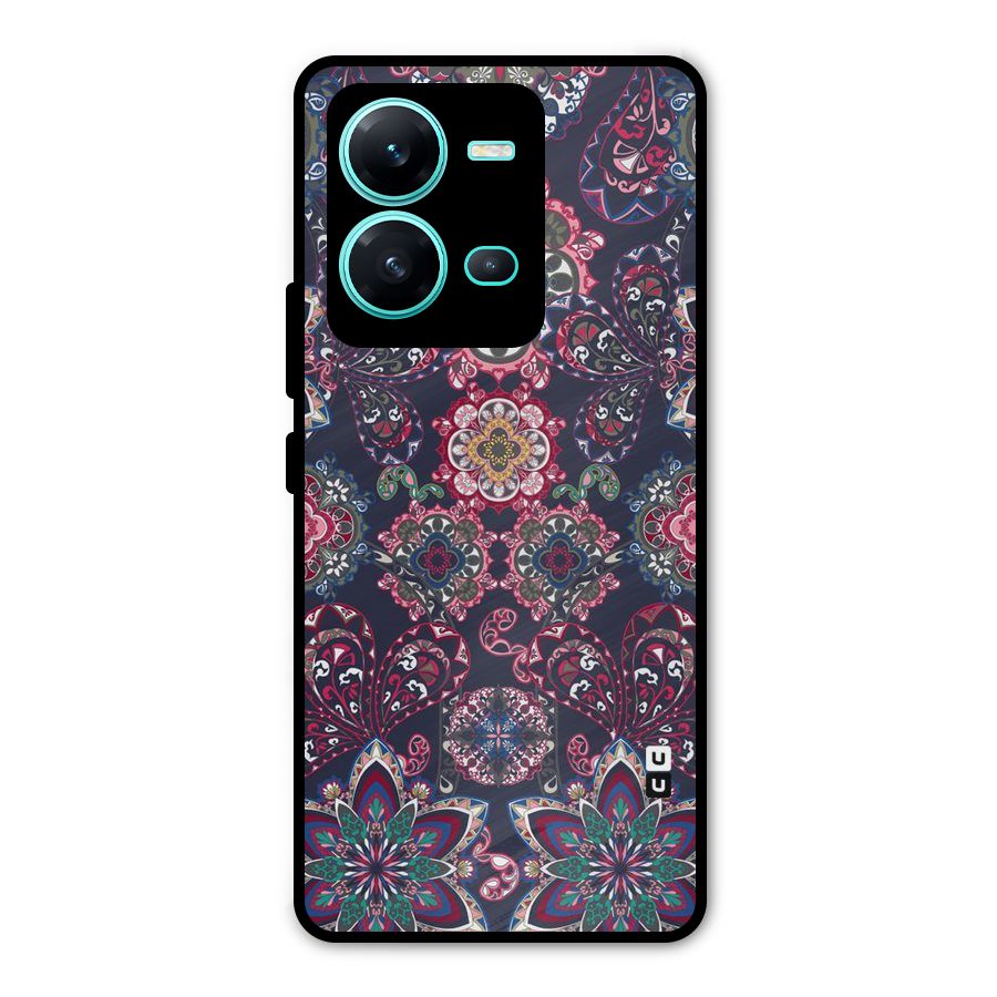 Navy Blue Bloom Pattern Metal Back Case for Vivo V25