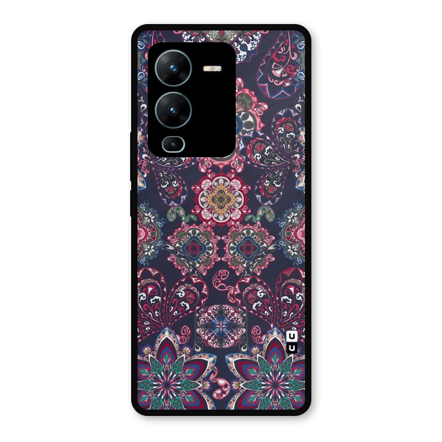 Navy Blue Bloom Pattern Metal Back Case for Vivo V25 Pro