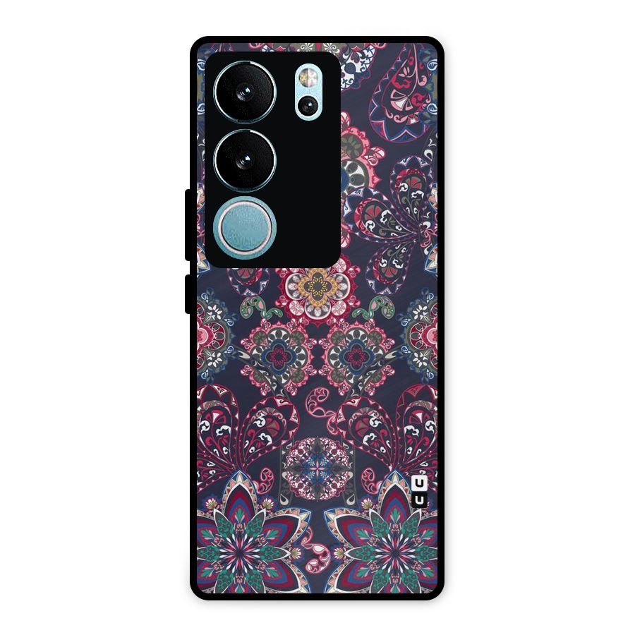 Navy Blue Bloom Pattern Metal Back Case for Vivo V29