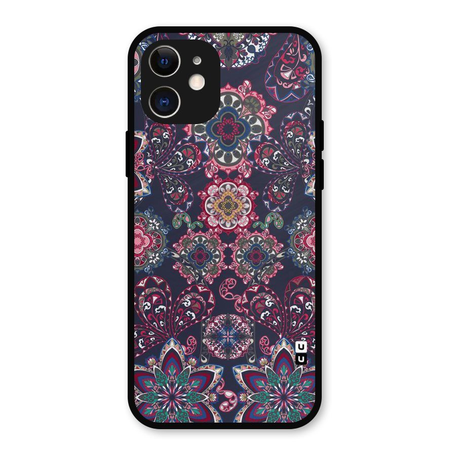 Navy Blue Bloom Pattern Metal Back Case for iPhone 12