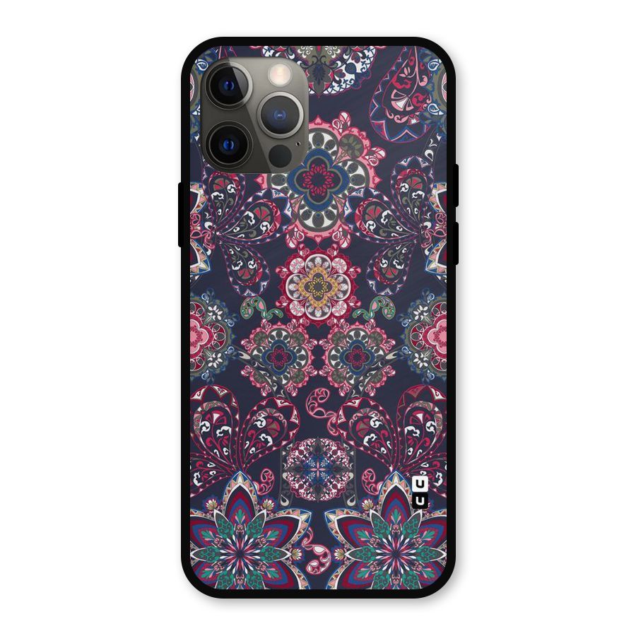 Navy Blue Bloom Pattern Metal Back Case for iPhone 12 Pro