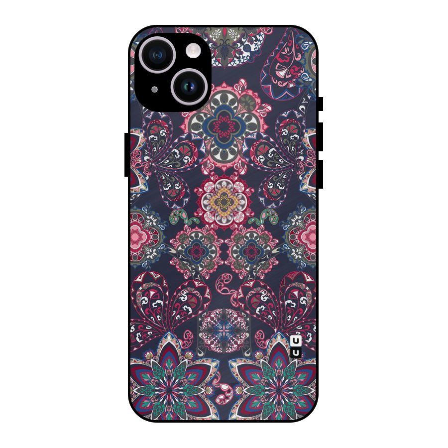 Navy Blue Bloom Pattern Metal Back Case for iPhone 14 Plus