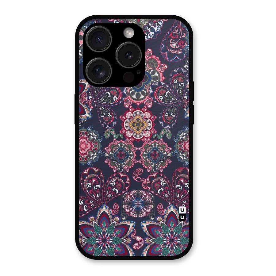 Navy Blue Bloom Pattern Metal Back Case for iPhone 15 Pro