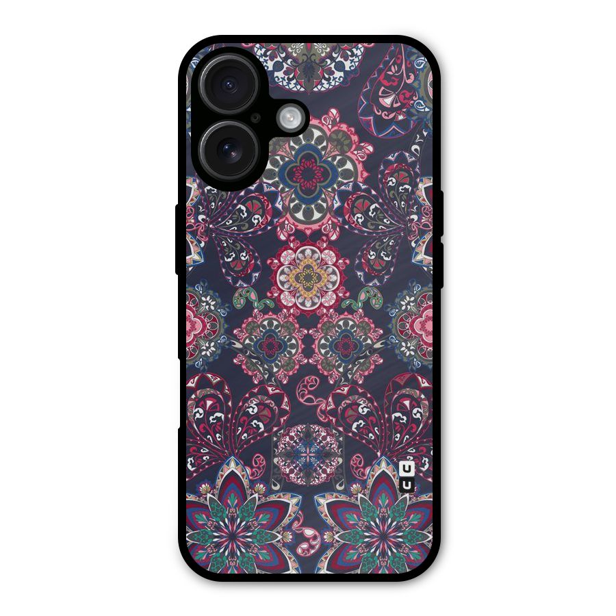 Navy Blue Bloom Pattern Metal Back Case for iPhone 16
