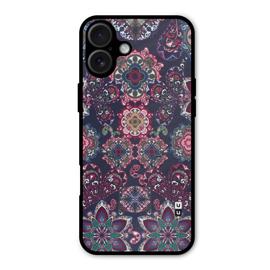 Navy Blue Bloom Pattern Metal Back Case for iPhone 16 Plus