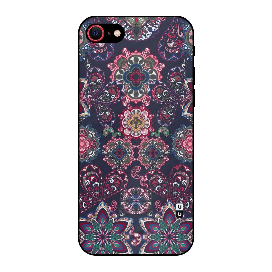 Navy Blue Bloom Pattern Metal Back Case for iPhone 8