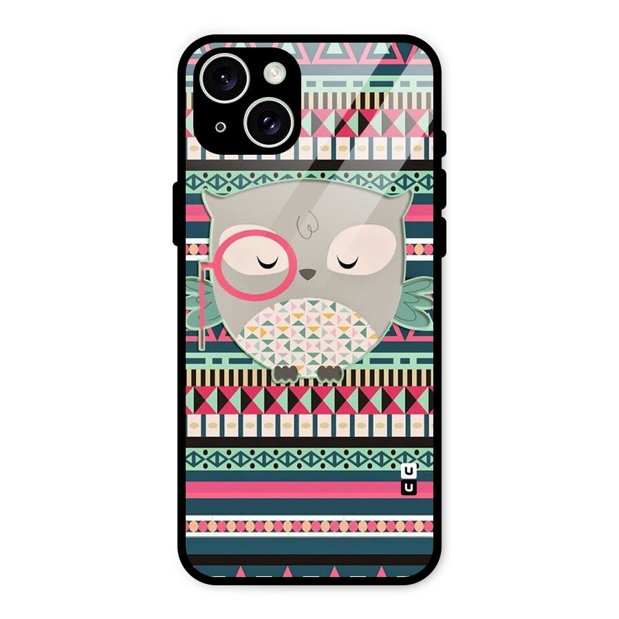 Owl Cute Pattern Glass Back Case for iPhone 15 Plus