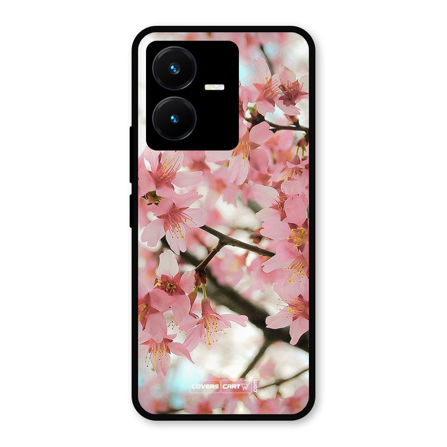 Peach Floral Metal Back Case for Vivo Y22s