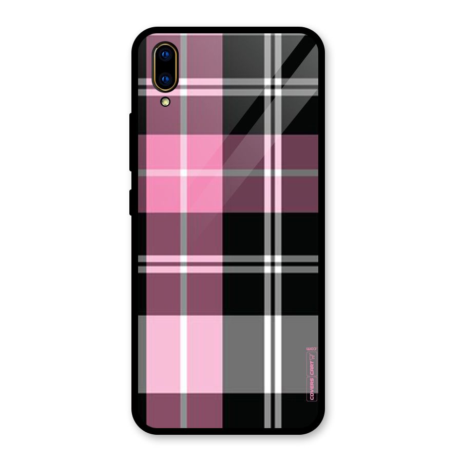 Pink Black Check Glass Back Case for Vivo V11 Pro
