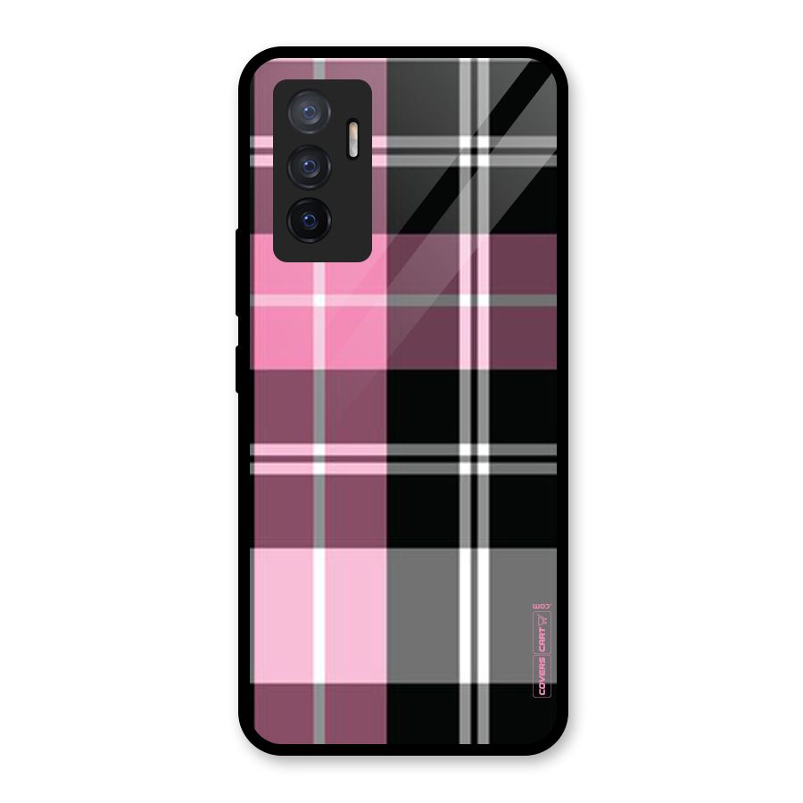 Pink Black Check Glass Back Case for Vivo V23e