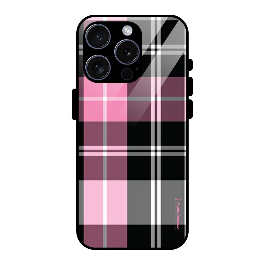 Pink Black Check Glass Back Case for iPhone 15 Pro