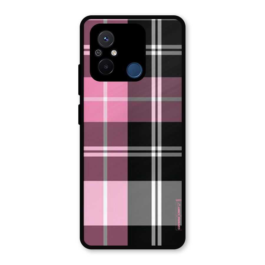 Pink Black Check Metal Back Case for Redmi 12C