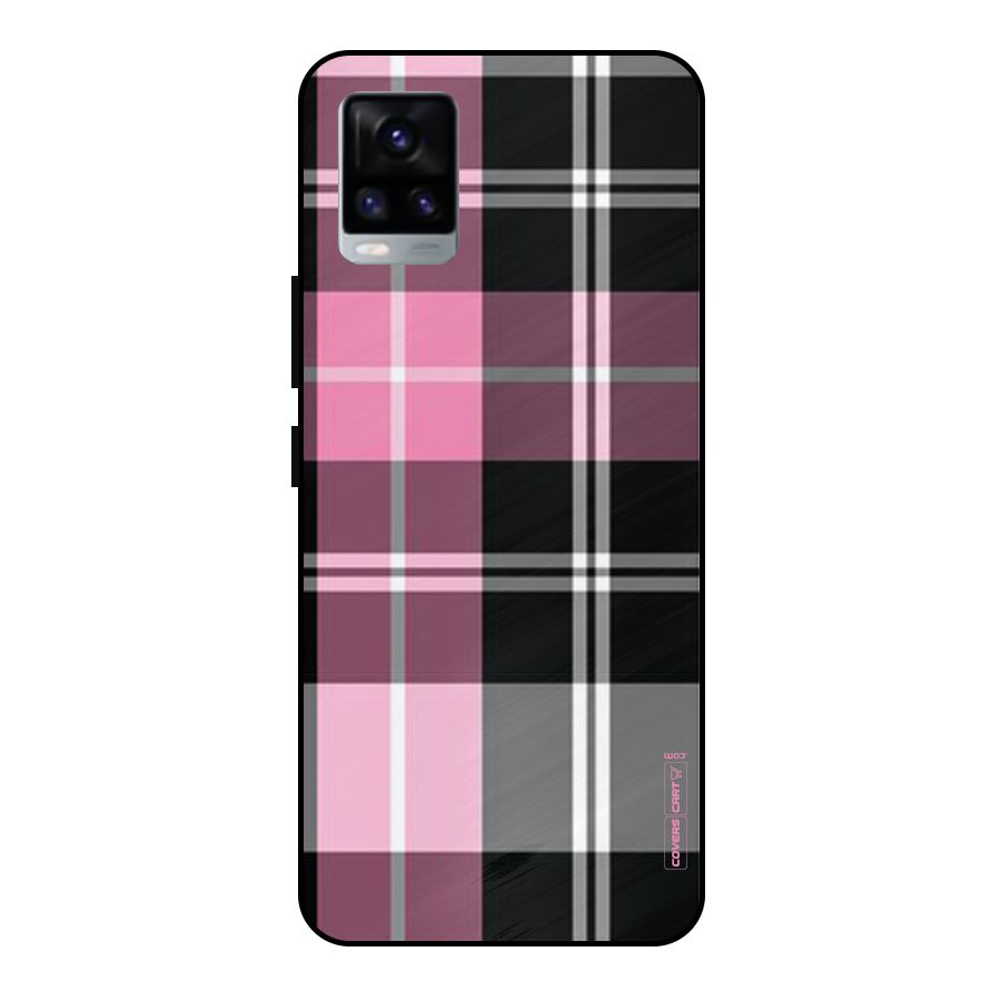 Pink Black Check Metal Back Case for Vivo V20 2021