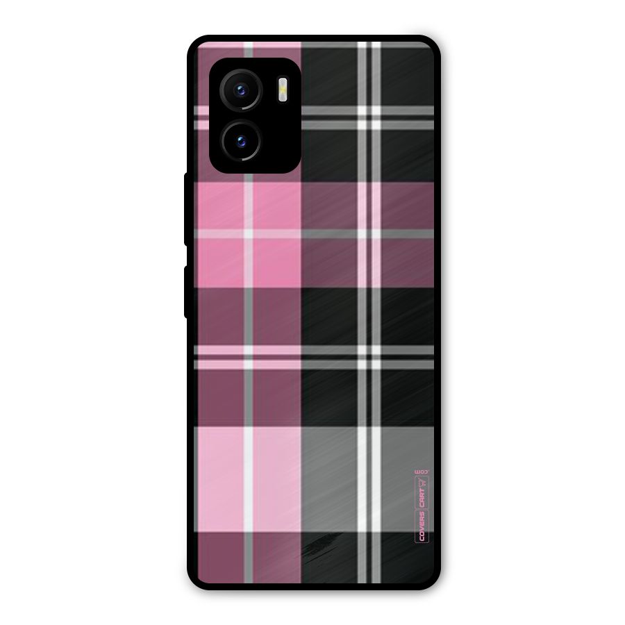Pink Black Check Metal Back Case for Vivo Y15s