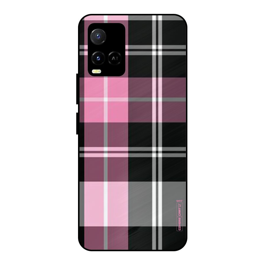 Pink Black Check Metal Back Case for Vivo Y21A