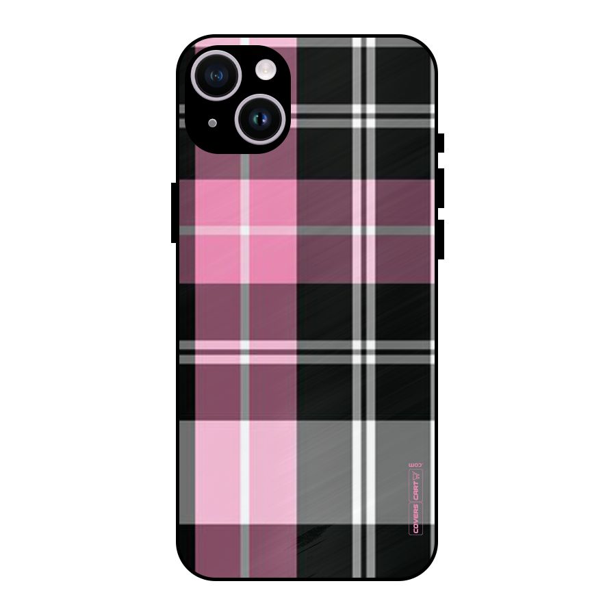 Pink Black Check Metal Back Case for iPhone 14 Plus