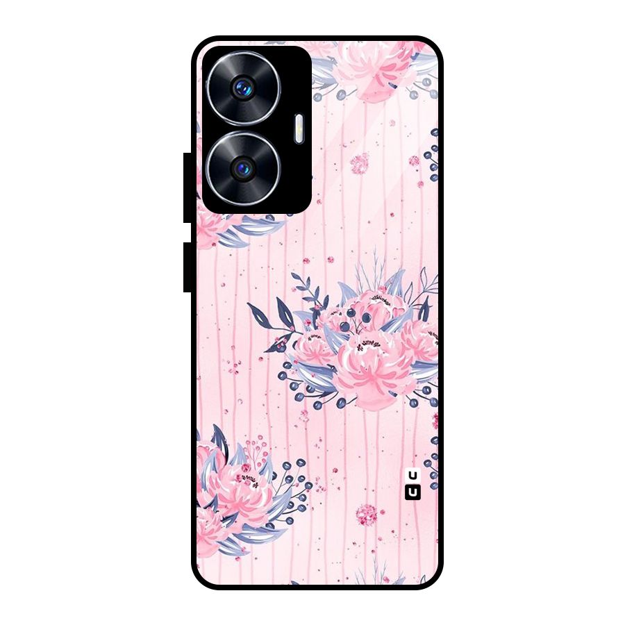 Pink Floral and Stripes Glass Back Case for Realme Narzo N55