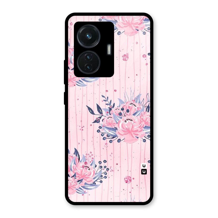 Pink Floral and Stripes Glass Back Case for Vivo T1 44W